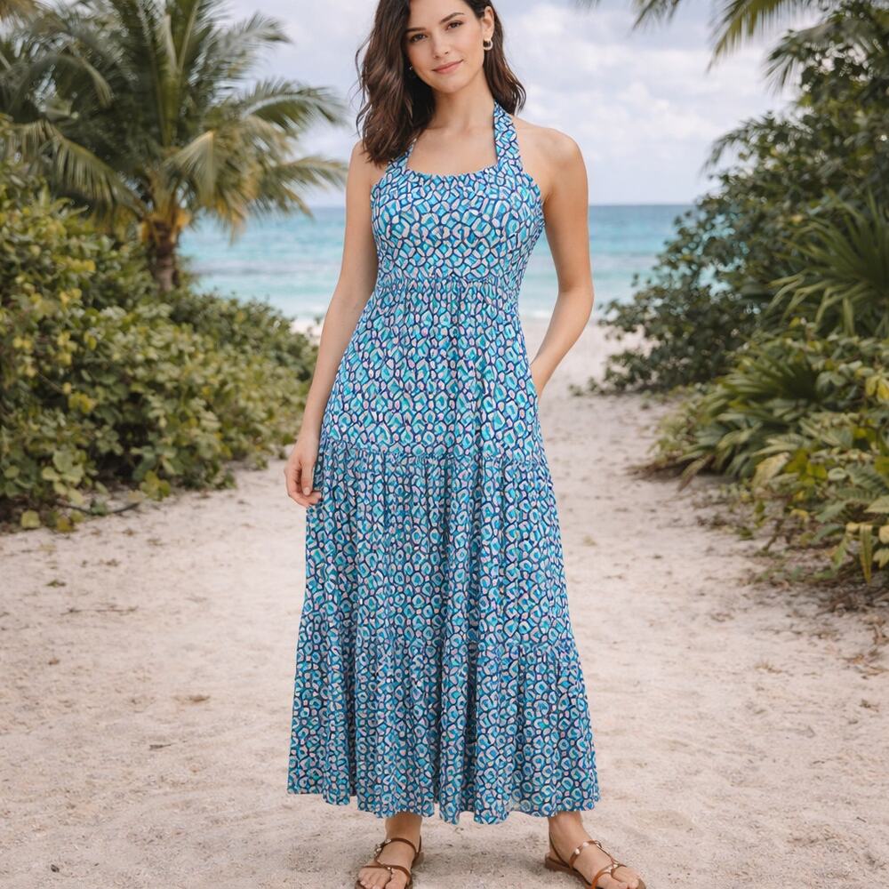 Maeve by Anthropologie SZ S Mabel Halter Maxi Dress Green Blue Tan Geo Print